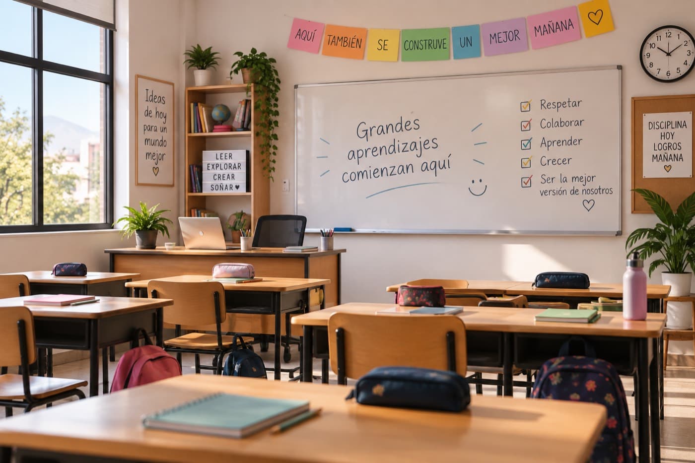 Salón de clases de una escuela en México, con pizarrón, mochilas y escritorios de alumnos